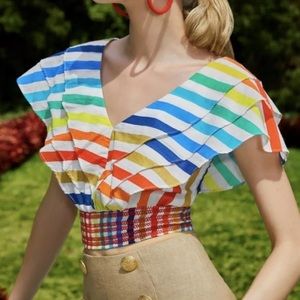 Alice + Olivia Casandra Rainbow Stripe Smocked Crop Top